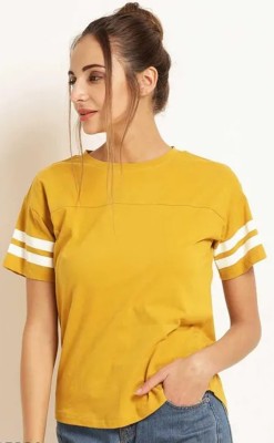 True Basket Solid Women Round Neck Yellow T-Shirt