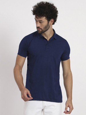 9LKHA Solid Men Polo Neck Dark Blue T-Shirt