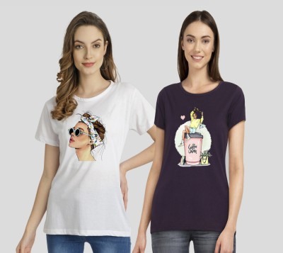 CHOQU Printed Women Round Neck White, Purple T-Shirt