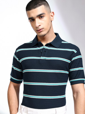 HIGHLANDER Striped Men Polo Neck Navy Blue T-Shirt