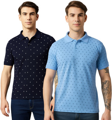 BLENDIX Polka Print Men Polo Neck Light Blue, Blue T-Shirt