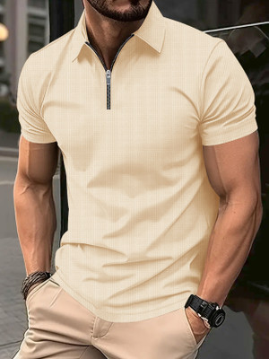 EyeBogler Self Design Men Polo Neck Beige T-Shirt