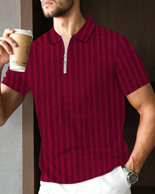 AUSK Self Design Men Polo Neck Maroon T-Shirt
