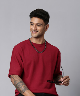 LEWEL Solid Men Round Neck Red T-Shirt