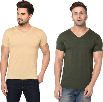 Adorbs Trend Solid Men V Neck Beige, Green T-Shirt