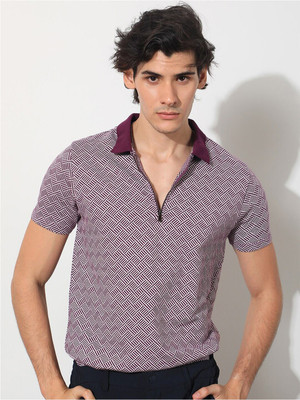 RARE RABBIT Printed Men Polo Neck Purple T-Shirt