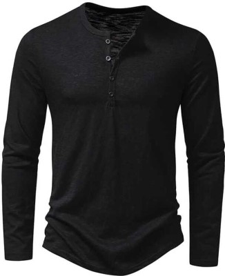 Pink Angel Solid Men Henley Neck Black T-Shirt