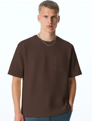 NOBERO Solid Men Crew Neck Brown T-Shirt