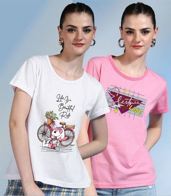 METRONAUT Printed Women Round Neck White, Pink T-Shirt