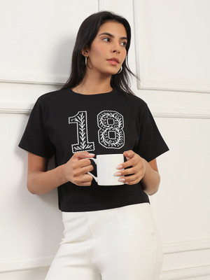 Globus Printed Women Round Neck Black T-Shirt