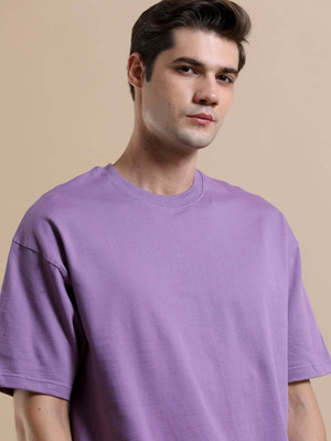 Buttonbees Solid Men Round Neck Purple T-Shirt