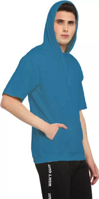 Eddicted Solid Men Hooded Neck Blue T-Shirt