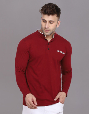 GEUM Solid Men Mandarin Collar Maroon T-Shirt