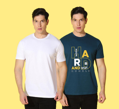 WOOSTRO Printed, Solid Men Round Neck White, Dark Blue T-Shirt