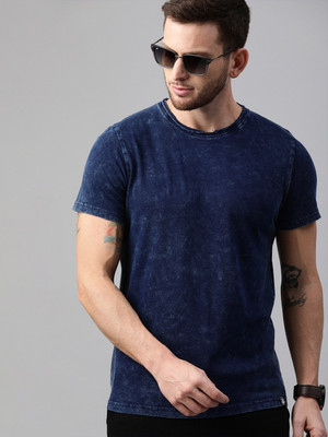 WROGN Solid Men Crew Neck Blue T-Shirt