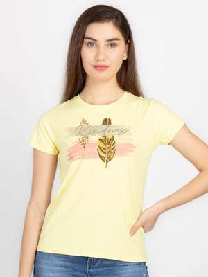 Status Quo Printed, Typography Women Round Neck Yellow T-Shirt