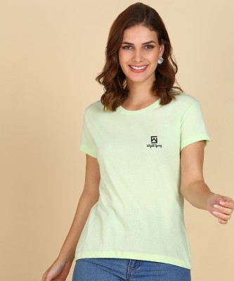 Wyld Sprog Solid Women Round Neck Light Green T-Shirt