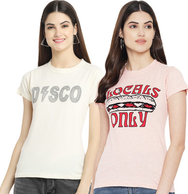Fabflee Printed Women Round Neck Beige, Pink T-Shirt