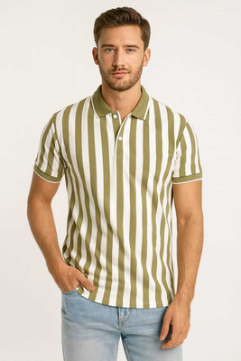 WILD ELEPHANT Striped Men Polo Neck Green, White T-Shirt