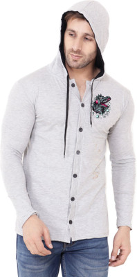 Lawful Casual Graphic Print Men Hooded Neck Silver T-Shirt