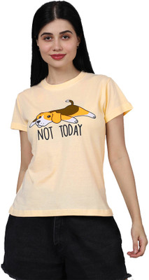 Fabflee Printed Women Round Neck Beige T-Shirt