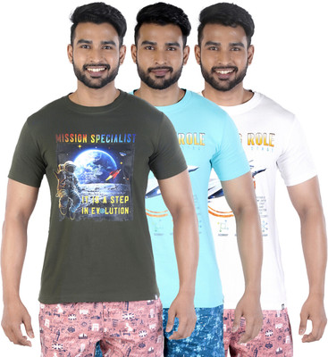 COLORS by Rupa Frontline Graphic Print Men Round Neck Dark Green, Light Blue, White T-Shirt