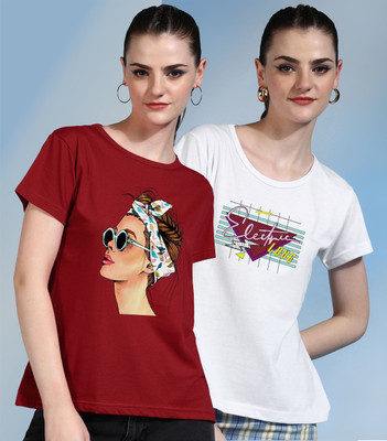 LeeBurg Printed Women Round Neck Red, White T-Shirt