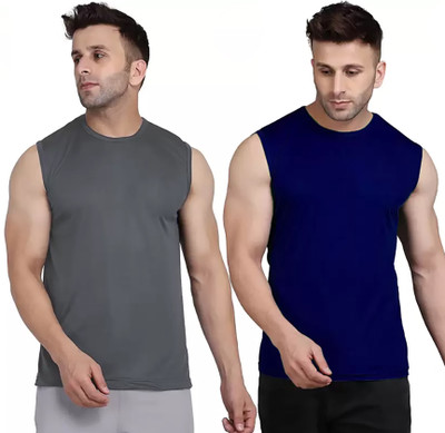 MR THINK Solid Men Round Neck Grey, Navy Blue T-Shirt