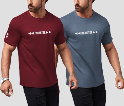 KELONBRO Printed Men Round Neck Maroon, Grey T-Shirt