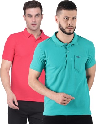 Force NXT Solid Men Polo Neck Pink, Green T-Shirt