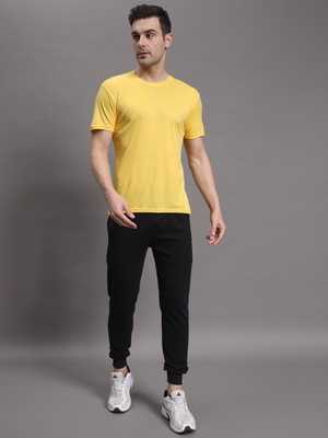 Weiord Solid Men Round Neck Yellow T-Shirt