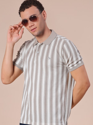 V-MART Striped Men Polo Neck Grey T-Shirt