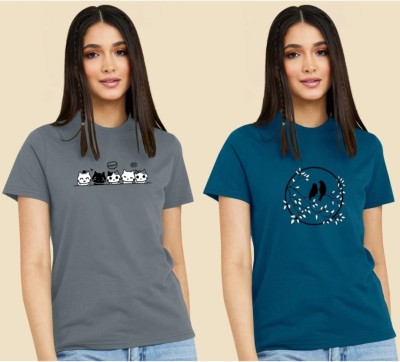 SwegBee Printed Women Round Neck Grey, Dark Blue T-Shirt