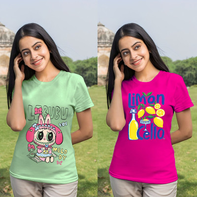 Kintu Parantu Cartoon Women Round Neck Pink T-Shirt