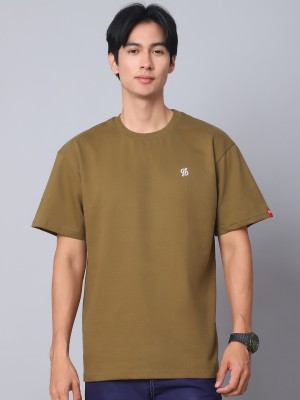 Prisello Solid Men Round Neck Brown T-Shirt