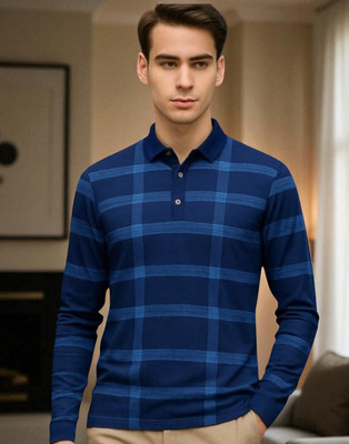 FASHIUM Checkered Men Polo Neck Navy Blue T-Shirt