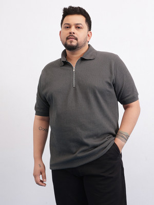 UNSTD Self Design Men Polo Neck Grey T-Shirt