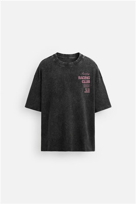 FORTY DEGREE CELCIUS Graphic Print, Washed Men Round Neck Reversible Black T-Shirt