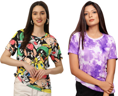 Apachee Printed Women Round Neck Multicolor T-Shirt