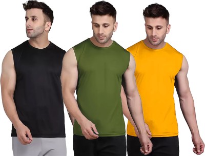 Think Tech Solid Men Round Neck Black, Dark Green, Yellow T-Shirt