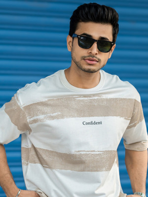 MANIAC Striped Men Round Neck Pink T-Shirt