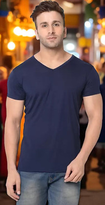 FARICON Solid Men Round Neck Dark Blue T-Shirt