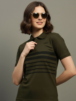 TIMBER HITCH Printed Women Polo Neck Dark Green T-Shirt