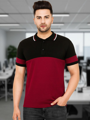 JUST ROAR Colorblock Men Polo Neck Maroon T-Shirt