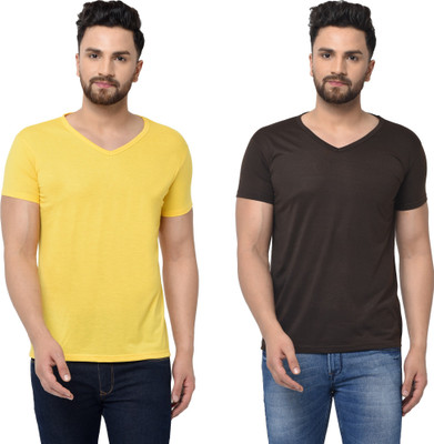 Tresna Trendy Solid Men V Neck Brown, Yellow T-Shirt