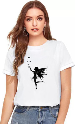 SQF Printed Women Round Neck White T-Shirt