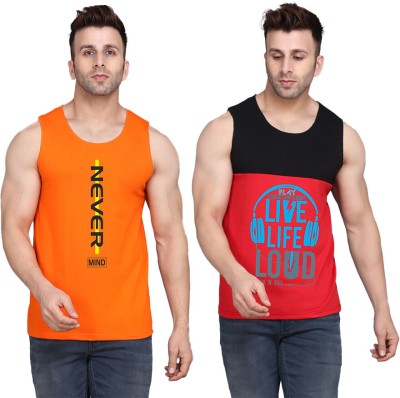 SLOWLORIS Printed Men Scoop Neck Black, Red, Orange T-Shirt