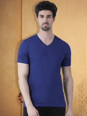 FRISKERS Solid Men V Neck Blue T-Shirt