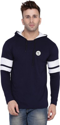 GEUM Solid Men Hooded Neck Dark Blue, White T-Shirt