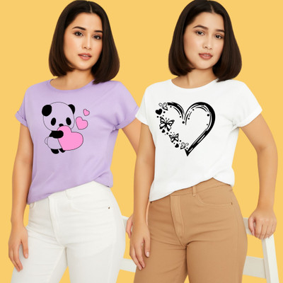 Kintu Parantu Printed Women Round Neck Purple, White T-Shirt